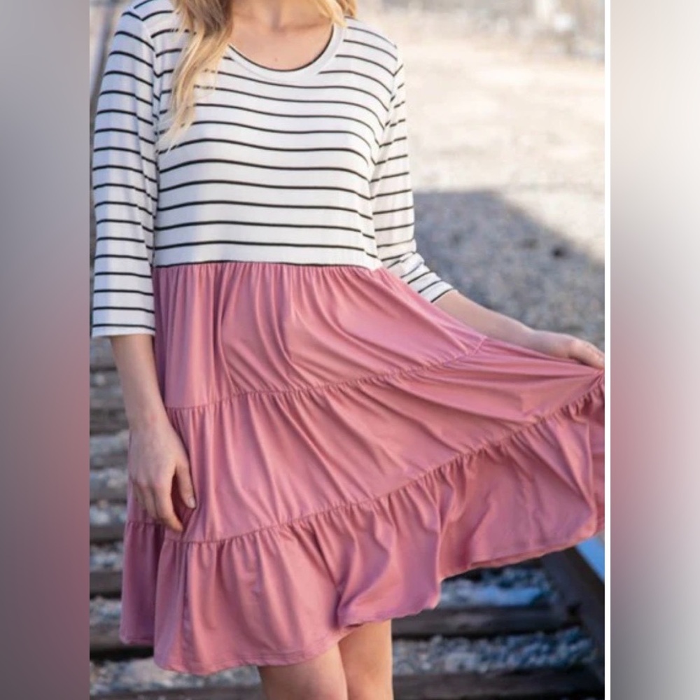 Haptics by Holly Harper Dusty Rose Striped Dress 3/4 Sleeve EUC Summer M